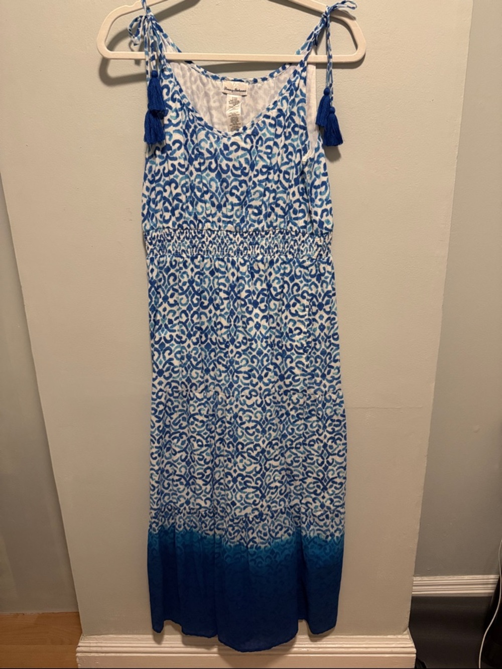Tommy Bahama Blue and White Tie-Shoulder Maxi Dress with Tassels